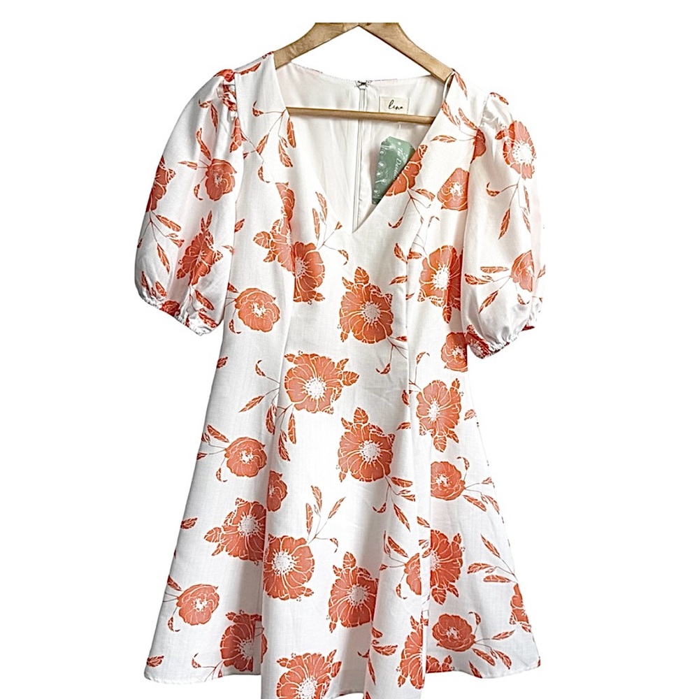 Lena White and Orange Short Sleeve Summer Floral Dress A Line Size Small NWT - Picture 3 of 13